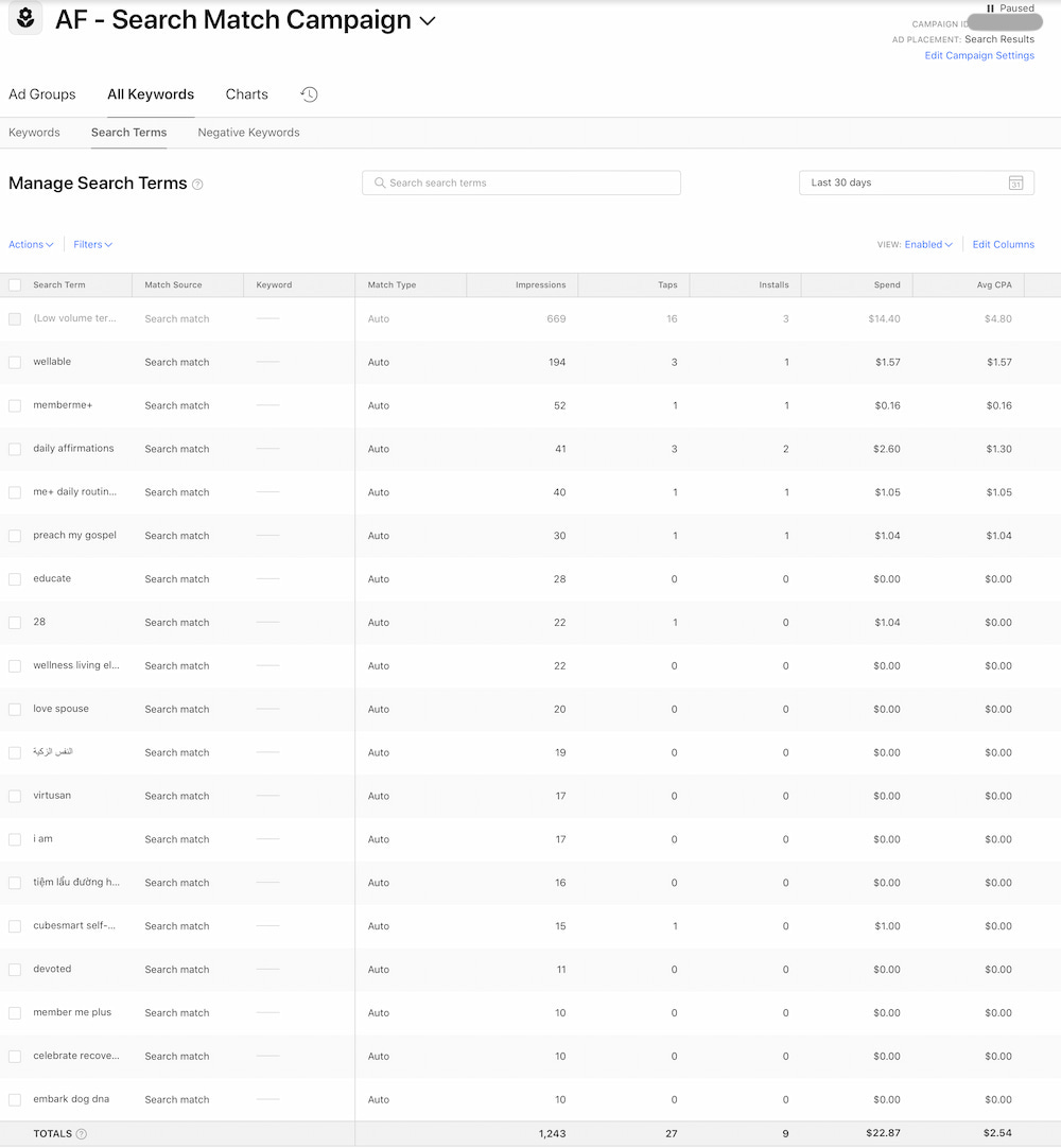 Apple Search Ads - Advanced results